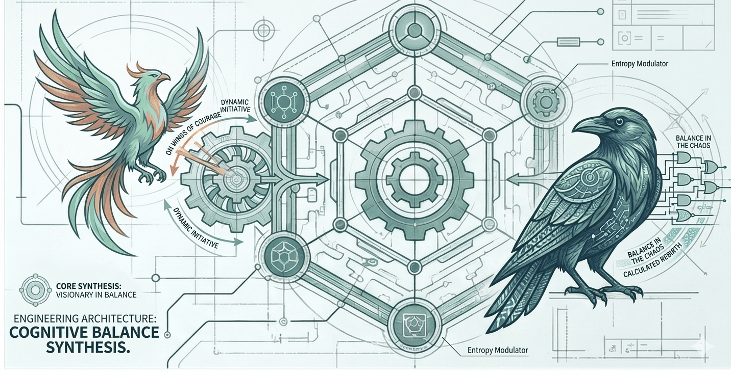 Blueprint illustration of a phoenix and a raven on either side of an interlocking system of gears.